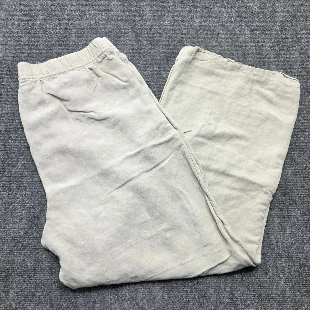HM Linen Blend Wide Leg Drawstring Pants Beige Oatmeal Melange Large Women's